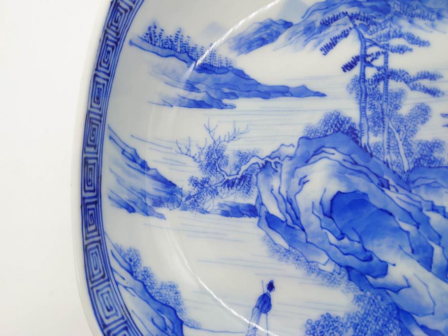 陶玉園　五助製　瀬戸焼　染付　楼閣山水図　約18cm　5.7寸　緻密に描かれたデザインが美しい鉢(風景、深皿、和皿、中皿、変形皿、深鉢、和食器、裏印、五寸七分)(R-080400)
