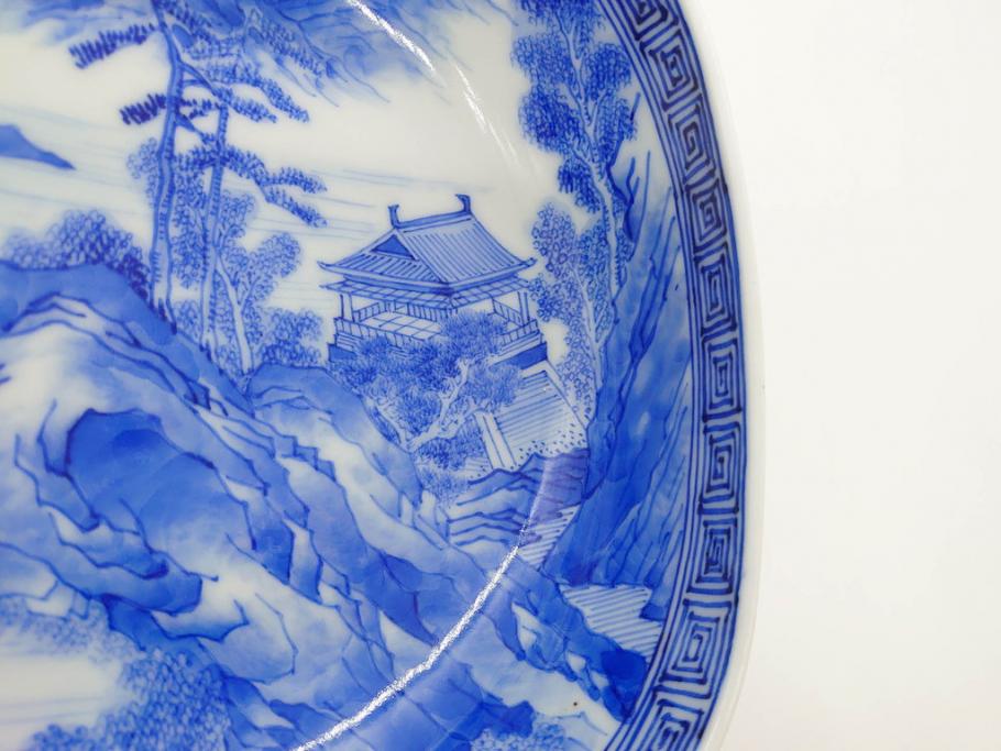 陶玉園　五助製　瀬戸焼　染付　楼閣山水図　約18cm　5.7寸　緻密に描かれたデザインが美しい鉢(風景、深皿、和皿、中皿、変形皿、深鉢、和食器、裏印、五寸七分)(R-080400)