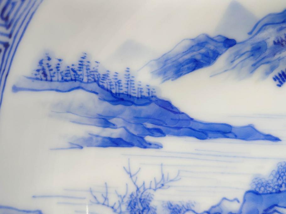 陶玉園　五助製　瀬戸焼　染付　楼閣山水図　約18cm　5.7寸　緻密に描かれたデザインが美しい鉢(風景、深皿、和皿、中皿、変形皿、深鉢、和食器、裏印、五寸七分)(R-080400)