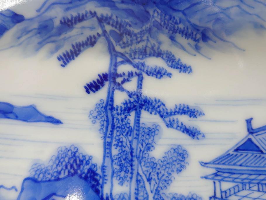 陶玉園　五助製　瀬戸焼　染付　楼閣山水図　約18cm　5.7寸　緻密に描かれたデザインが美しい鉢(風景、深皿、和皿、中皿、変形皿、深鉢、和食器、裏印、五寸七分)(R-080400)