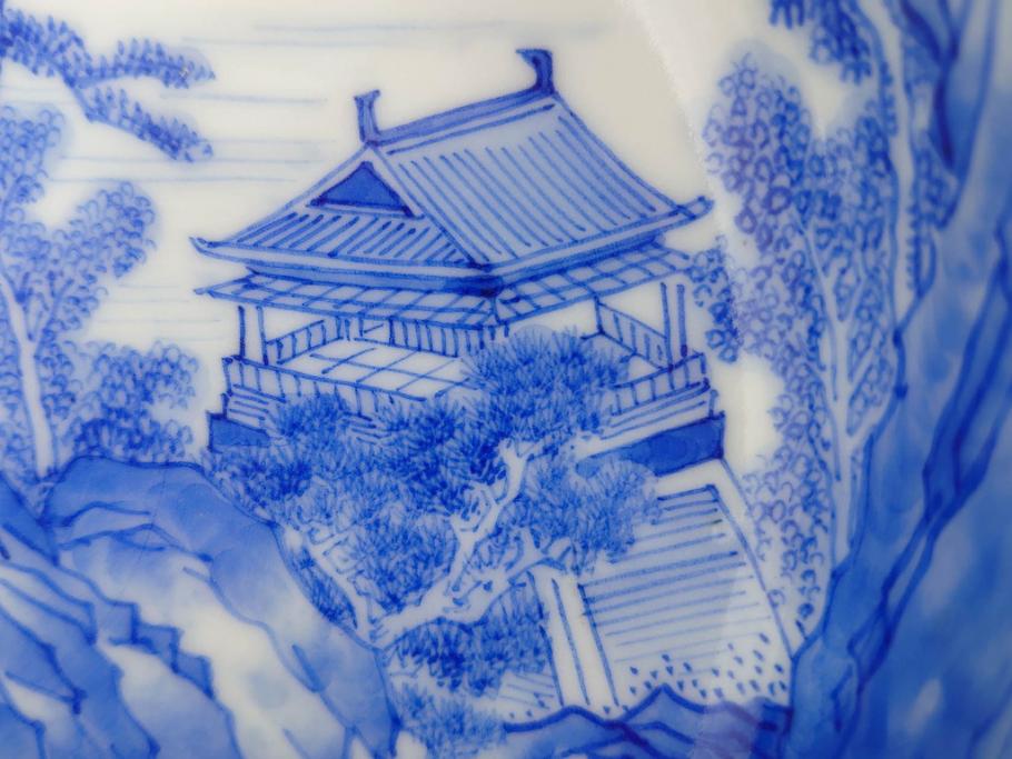 陶玉園　五助製　瀬戸焼　染付　楼閣山水図　約18cm　5.7寸　緻密に描かれたデザインが美しい鉢(風景、深皿、和皿、中皿、変形皿、深鉢、和食器、裏印、五寸七分)(R-080400)