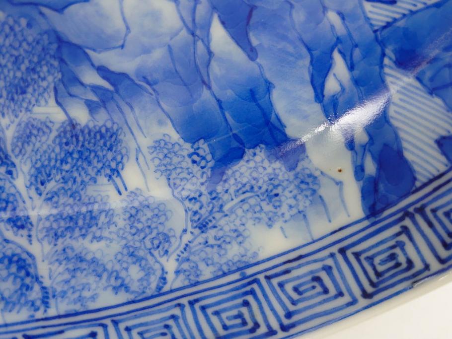 陶玉園　五助製　瀬戸焼　染付　楼閣山水図　約18cm　5.7寸　緻密に描かれたデザインが美しい鉢(風景、深皿、和皿、中皿、変形皿、深鉢、和食器、裏印、五寸七分)(R-080400)