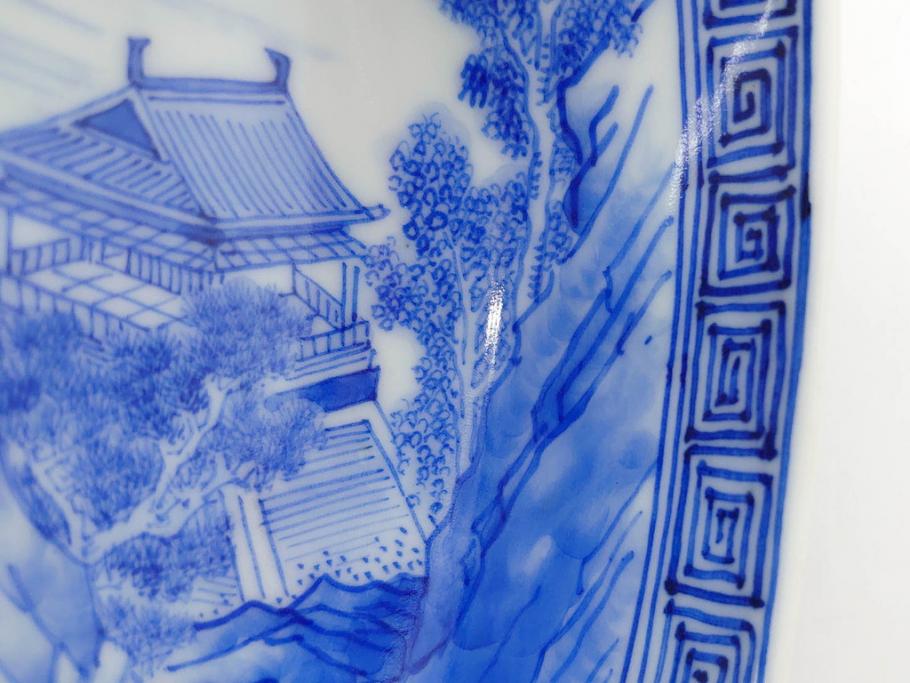 陶玉園　五助製　瀬戸焼　染付　楼閣山水図　約18cm　5.7寸　緻密に描かれたデザインが美しい鉢(風景、深皿、和皿、中皿、変形皿、深鉢、和食器、裏印、五寸七分)(R-080400)