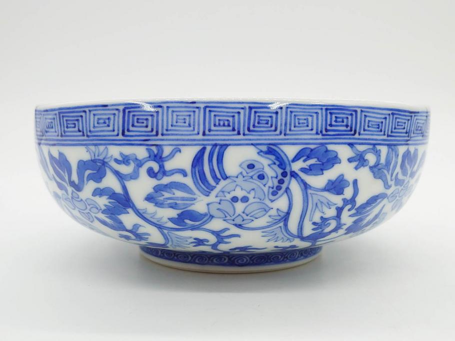 陶玉園　五助製　瀬戸焼　染付　楼閣山水図　約18cm　5.7寸　緻密に描かれたデザインが美しい鉢(風景、深皿、和皿、中皿、変形皿、深鉢、和食器、裏印、五寸七分)(R-080400)