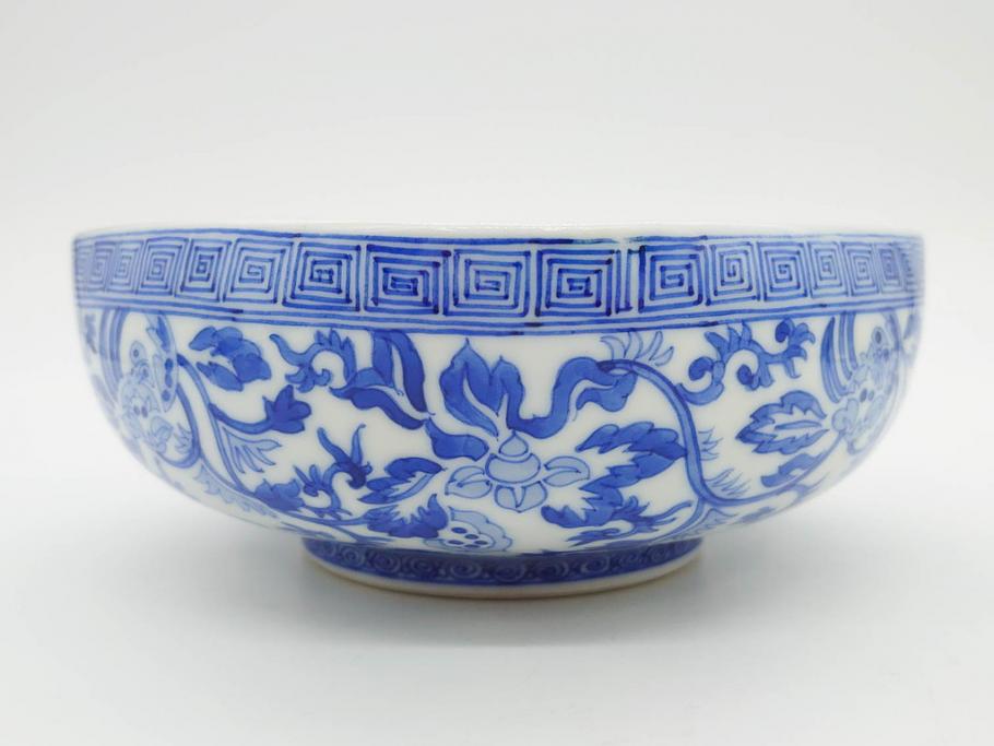 陶玉園　五助製　瀬戸焼　染付　楼閣山水図　約18cm　5.7寸　緻密に描かれたデザインが美しい鉢(風景、深皿、和皿、中皿、変形皿、深鉢、和食器、裏印、五寸七分)(R-080400)
