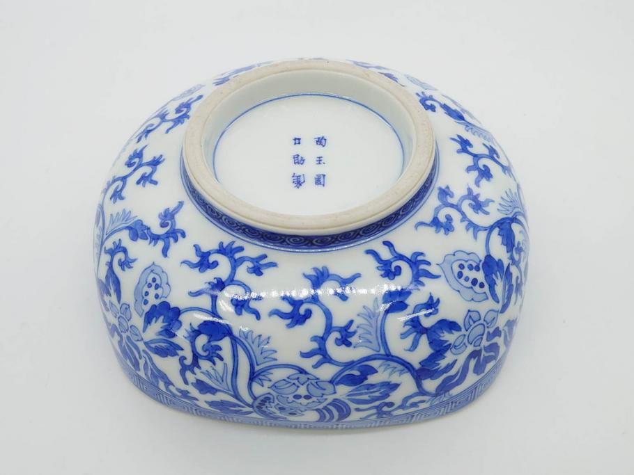 陶玉園　五助製　瀬戸焼　染付　楼閣山水図　約18cm　5.7寸　緻密に描かれたデザインが美しい鉢(風景、深皿、和皿、中皿、変形皿、深鉢、和食器、裏印、五寸七分)(R-080400)