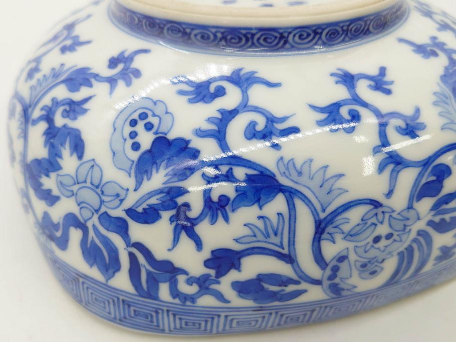 陶玉園　五助製　瀬戸焼　染付　楼閣山水図　約18cm　5.7寸　緻密に描かれたデザインが美しい鉢(風景、深皿、和皿、中皿、変形皿、深鉢、和食器、裏印、五寸七分)(R-080400)