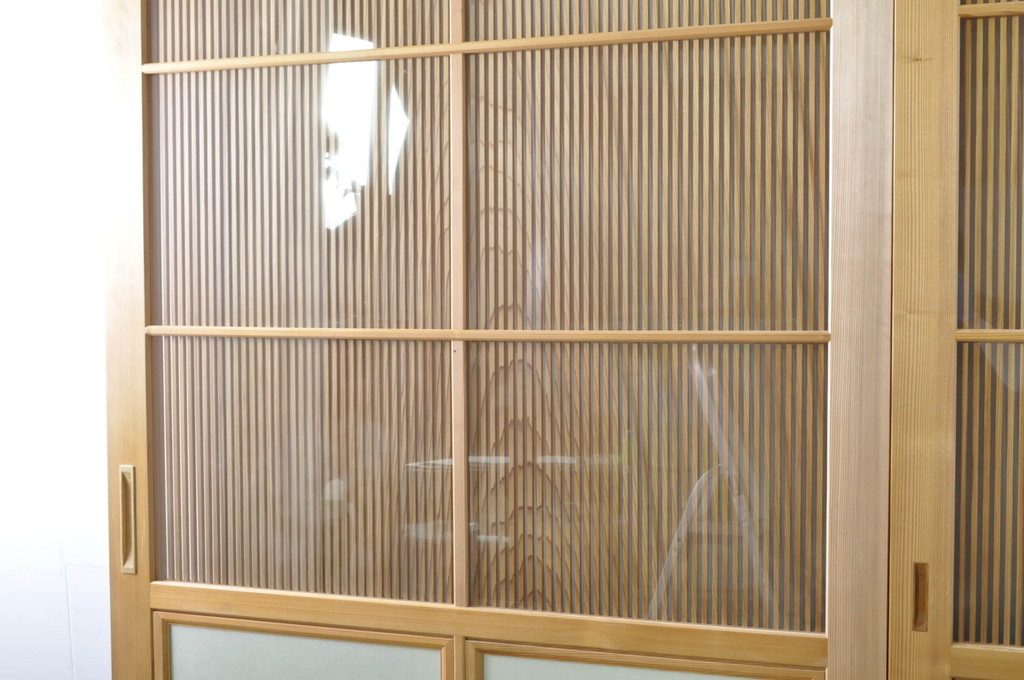 中古　特大　杉材　和の空間を高めるアクリル入り格子戸2枚セット(引き戸、ガラス戸、建具)(R-080215)
