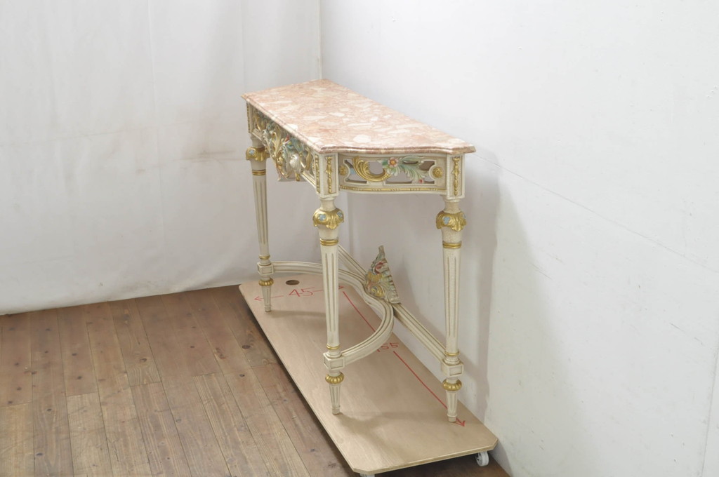 中古　美品　イタリア製　天板大理石　ロココ調　華やかな装飾が目を惹くコンソールテーブル(大理石天板、サイドテーブル、花台、飾り台)(定価約60万円)(R-080150)