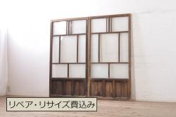 アンティーク建具　両面ガラス　鷹・松の彫刻入り書院戸4枚セット(窓、引き戸、ガラス戸)(R-070997)