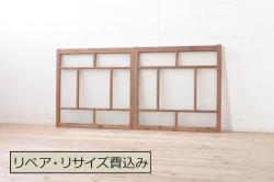 ガラス戸2枚を新規製作!当店のオーダー家具を参考にご希望のサイズで。両面ガラス仕様で引き手・戸車取り付け。本体色味は当店商品を参考に着色。(引き戸、建具)