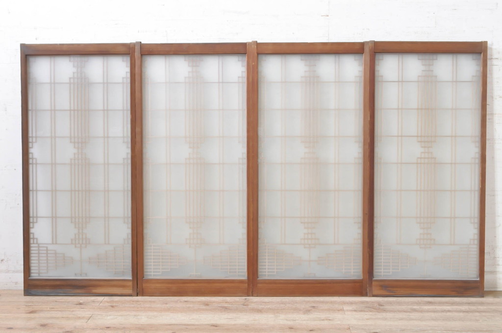アンティーク建具　両面ガラス　お洒落な雰囲気を演出する書院戸4枚セット(引き戸、ガラス戸、窓)(R-072948)