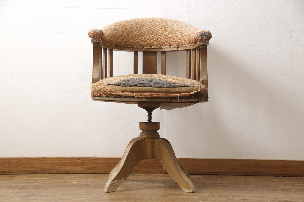 和製アンティーク　大正ロマン　ナラ材製　凝った作りのレトロな回転椅子(ドクターチェア、デスクチェア、イス)(R-056607)