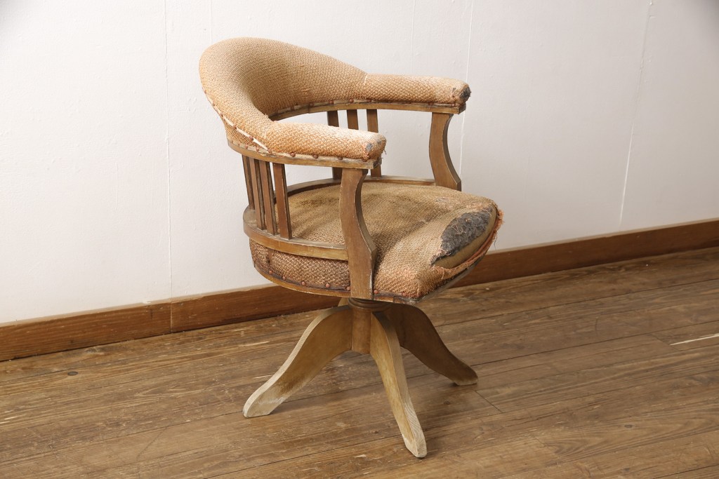 和製アンティーク　大正ロマン　ナラ材製　凝った作りのレトロな回転椅子(ドクターチェア、デスクチェア、イス)(R-056607)