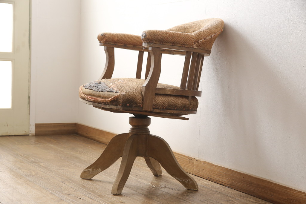 和製アンティーク 大正ロマン ナラ材製 凝った作りのレトロな回転椅子 