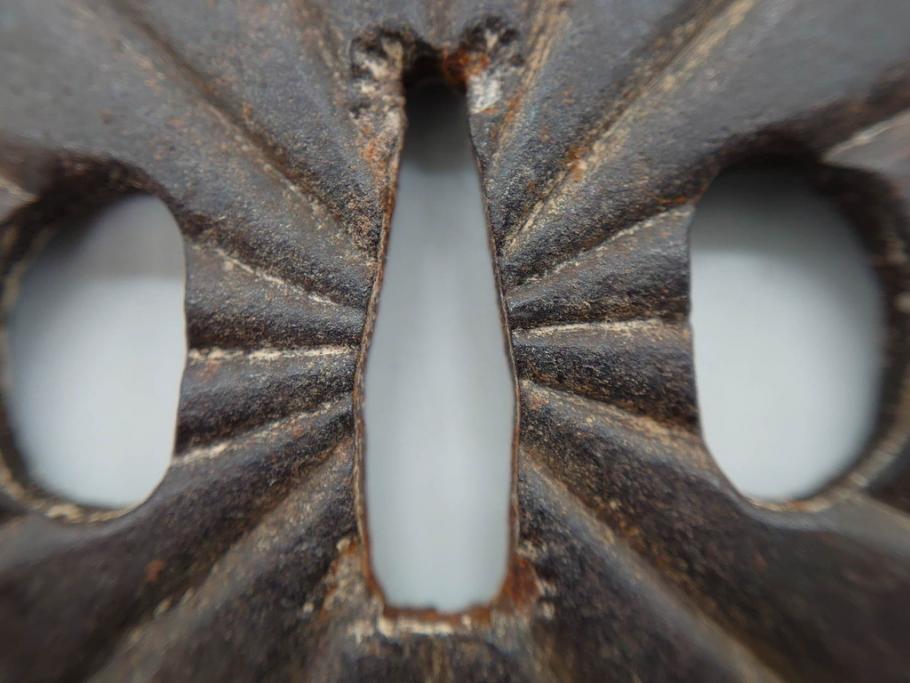 時代武具　鉄地　菊花図　和の味わい深い鍔(花、彫刻、刀装具、ケース付き)(R-080413)