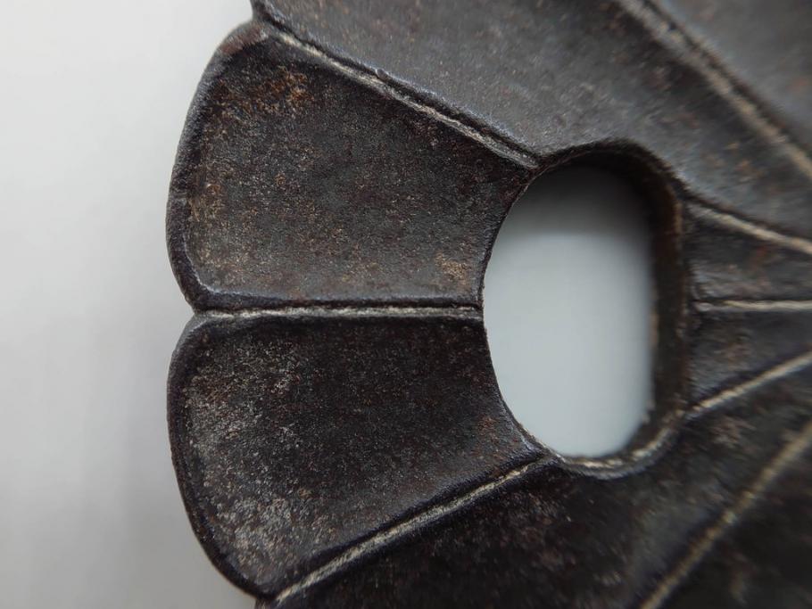 時代武具　鉄地　菊花図　和の味わい深い鍔(花、彫刻、刀装具、ケース付き)(R-080413)