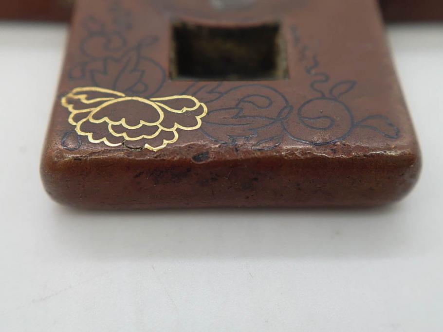 時代武具　素銅　金象嵌　十字　技巧を凝らした鍔(キリシタン、花、彫刻、刀装具、ケース付き)(R-080414)