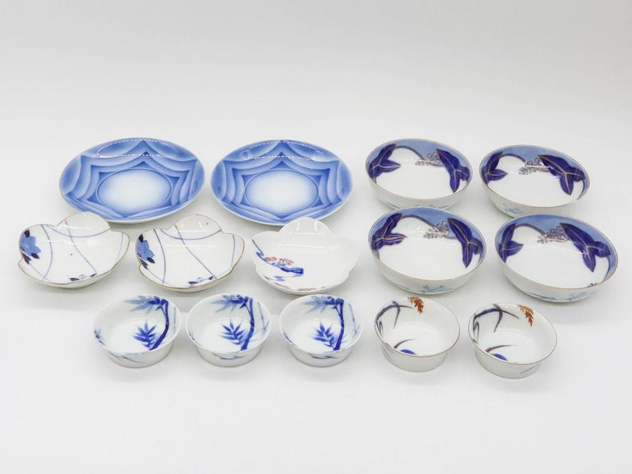 戦前　オールド香蘭社　有田焼　染付　色絵　金彩　(豆皿)約7cm　2.3寸/(花形皿)約10cm　3.2寸/(小皿)約11cm　3.4寸　(中皿)約14cm　4.6寸　様々なお料理が映える香蘭社の皿14点セット(ススキ、竹、桐、花、醤油皿、銘々皿、なます皿、深皿、変形皿、和皿、和食器、裏印、二寸三分、三寸二分、三寸四分、四寸六分)(R-080404)
