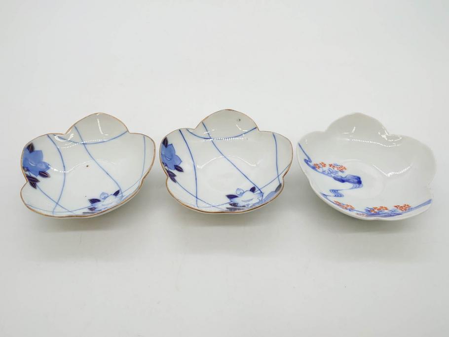 戦前　オールド香蘭社　有田焼　染付　色絵　金彩　(豆皿)約7cm　2.3寸/(花形皿)約10cm　3.2寸/(小皿)約11cm　3.4寸　(中皿)約14cm　4.6寸　様々なお料理が映える香蘭社の皿14点セット(ススキ、竹、桐、花、醤油皿、銘々皿、なます皿、深皿、変形皿、和皿、和食器、裏印、二寸三分、三寸二分、三寸四分、四寸六分)(R-080404)