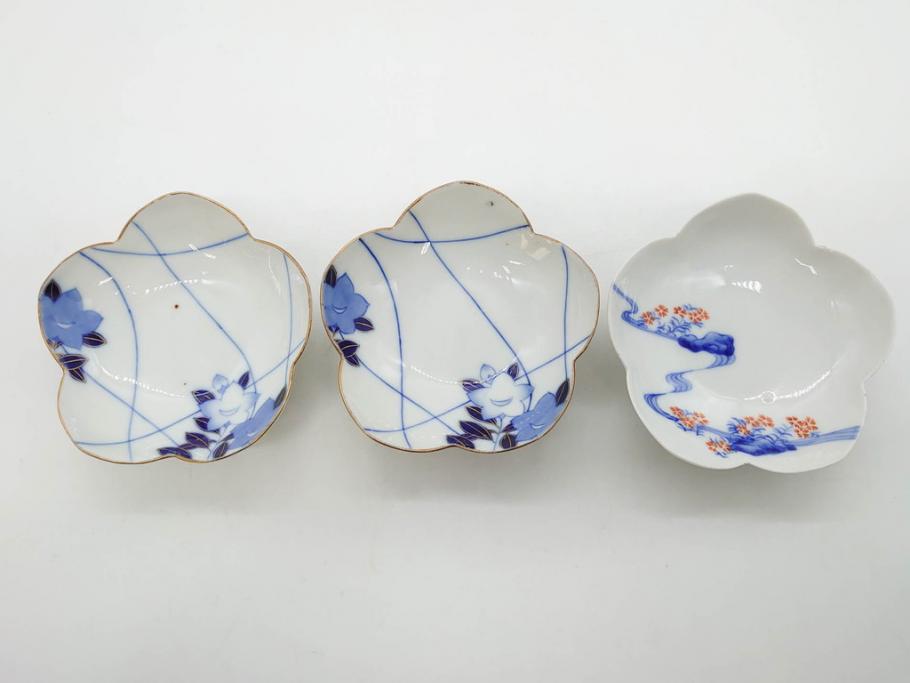 戦前　オールド香蘭社　有田焼　染付　色絵　金彩　(豆皿)約7cm　2.3寸/(花形皿)約10cm　3.2寸/(小皿)約11cm　3.4寸　(中皿)約14cm　4.6寸　様々なお料理が映える香蘭社の皿14点セット(ススキ、竹、桐、花、醤油皿、銘々皿、なます皿、深皿、変形皿、和皿、和食器、裏印、二寸三分、三寸二分、三寸四分、四寸六分)(R-080404)