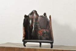 和製ビンテージ　工芸品　日光　鈴木島吉作　総漆塗り　木瘤(こぶ)　大胆にあしらわれた紅葉と細かな彫刻が見事な存在感のある飾り台(花台、ヴィンテージ)(R-080251)