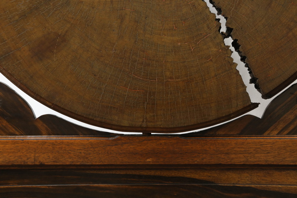 和製アンティーク　黒柿材　丸太輪切りのユニークなデザインと重厚な佇まいが魅力の彫刻入り衝立て(パーテーション、仕切り、つい立て、衝い立て)(R-069515)