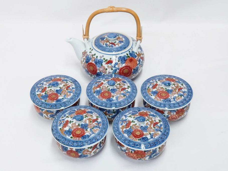 源右衛門　有田焼　古伊万里風　牡丹絵　緻密で華麗な色彩が見事な茶器セット(草花紋、金彩、土瓶、急須、湯呑み、湯飲み5客、湯のみ茶碗、蓋付、茶道具、煎茶、和食器、共箱付き、裏印)(R-080548)