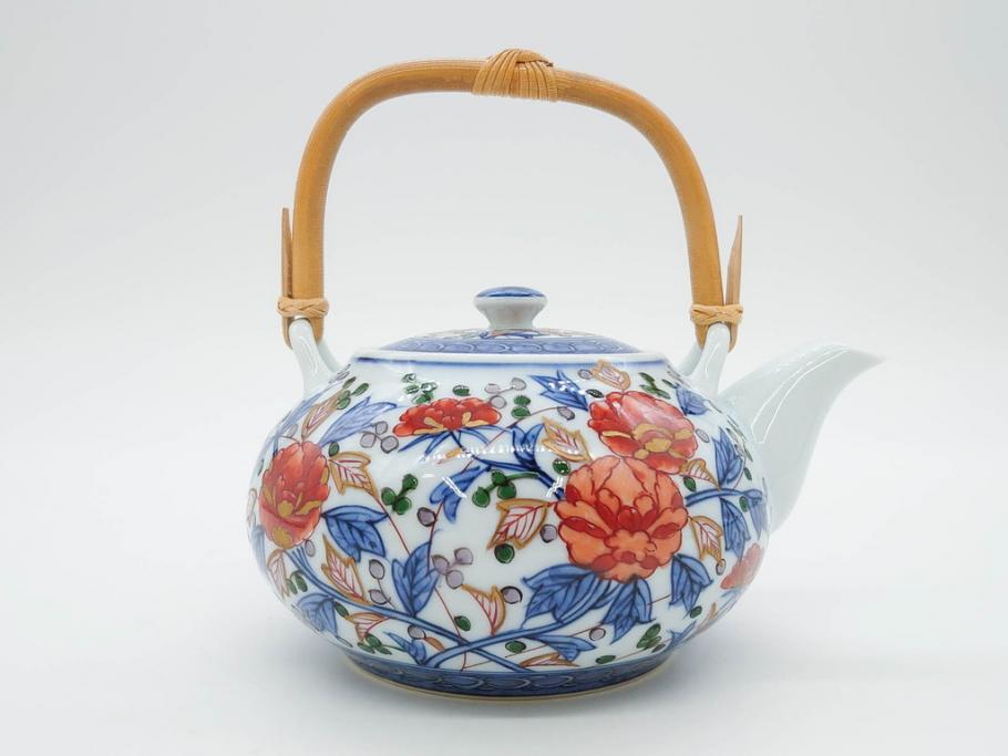 源右衛門　有田焼　古伊万里風　牡丹絵　緻密で華麗な色彩が見事な茶器セット(草花紋、金彩、土瓶、急須、湯呑み、湯飲み5客、湯のみ茶碗、蓋付、茶道具、煎茶、和食器、共箱付き、裏印)(R-080548)