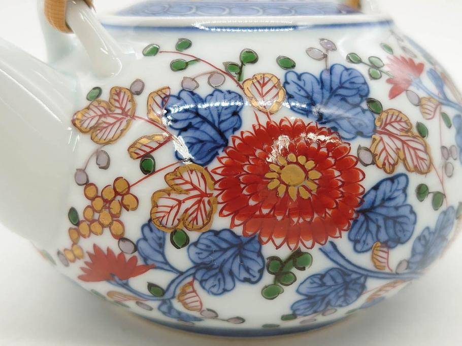 源右衛門　有田焼　古伊万里風　牡丹絵　緻密で華麗な色彩が見事な茶器セット(草花紋、金彩、土瓶、急須、湯呑み、湯飲み5客、湯のみ茶碗、蓋付、茶道具、煎茶、和食器、共箱付き、裏印)(R-080548)