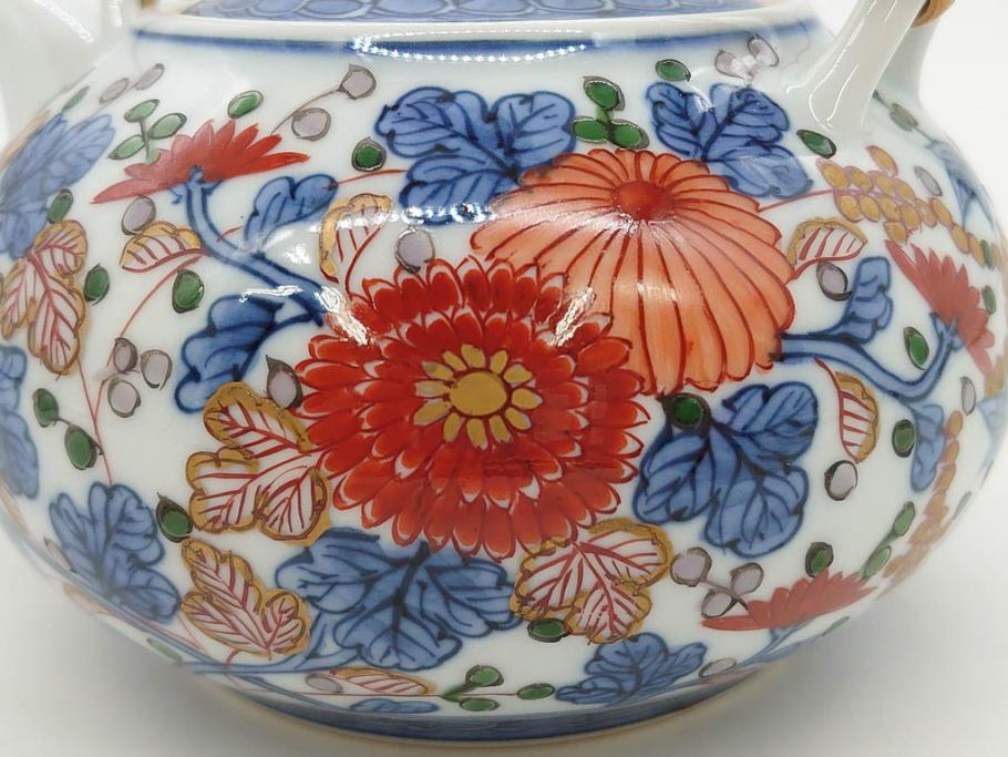 源右衛門　有田焼　古伊万里風　牡丹絵　緻密で華麗な色彩が見事な茶器セット(草花紋、金彩、土瓶、急須、湯呑み、湯飲み5客、湯のみ茶碗、蓋付、茶道具、煎茶、和食器、共箱付き、裏印)(R-080548)