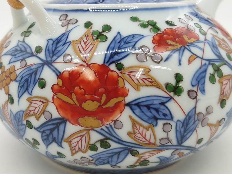 源右衛門　有田焼　古伊万里風　牡丹絵　緻密で華麗な色彩が見事な茶器セット(草花紋、金彩、土瓶、急須、湯呑み、湯飲み5客、湯のみ茶碗、蓋付、茶道具、煎茶、和食器、共箱付き、裏印)(R-080548)