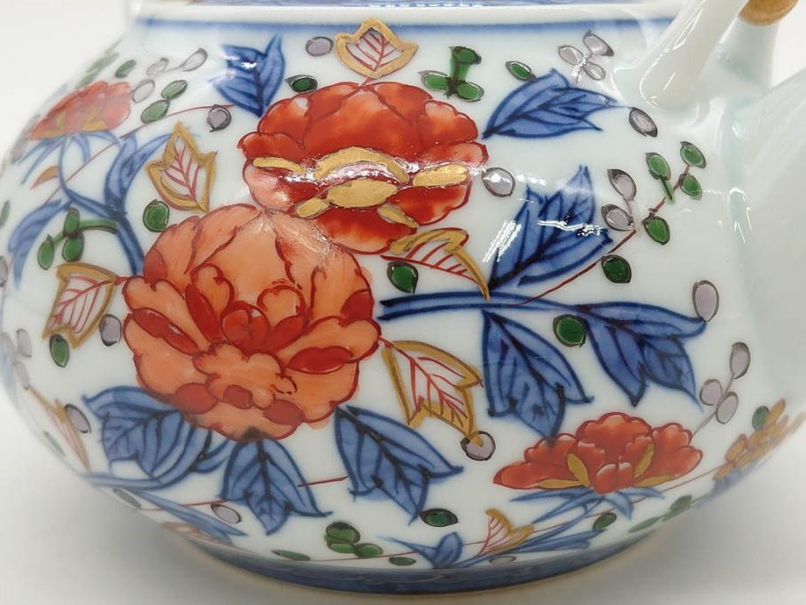 源右衛門　有田焼　古伊万里風　牡丹絵　緻密で華麗な色彩が見事な茶器セット(草花紋、金彩、土瓶、急須、湯呑み、湯飲み5客、湯のみ茶碗、蓋付、茶道具、煎茶、和食器、共箱付き、裏印)(R-080548)