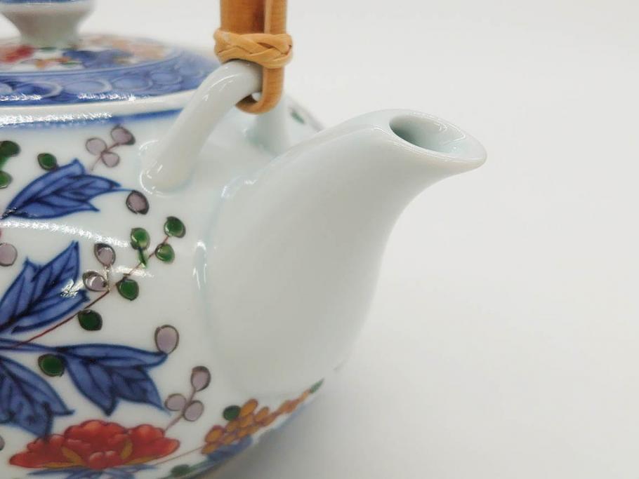 源右衛門　有田焼　古伊万里風　牡丹絵　緻密で華麗な色彩が見事な茶器セット(草花紋、金彩、土瓶、急須、湯呑み、湯飲み5客、湯のみ茶碗、蓋付、茶道具、煎茶、和食器、共箱付き、裏印)(R-080548)