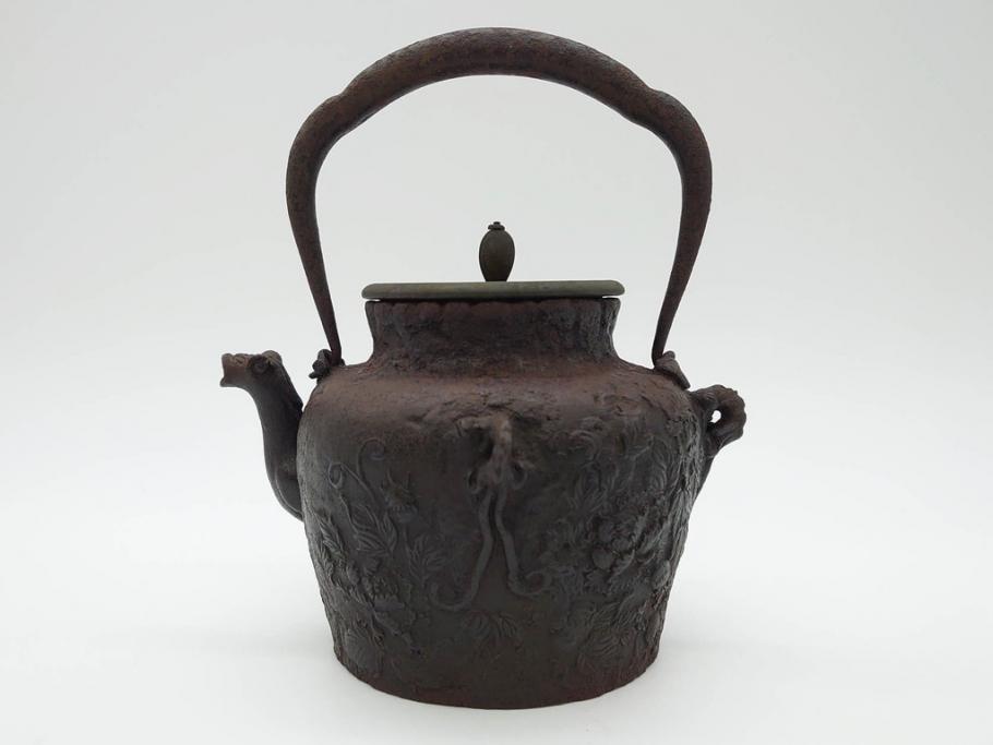 ☆龍文堂 造 岩肌鉄瓶 銅蓋 茶道具 古美術 総重量1320g 時代物