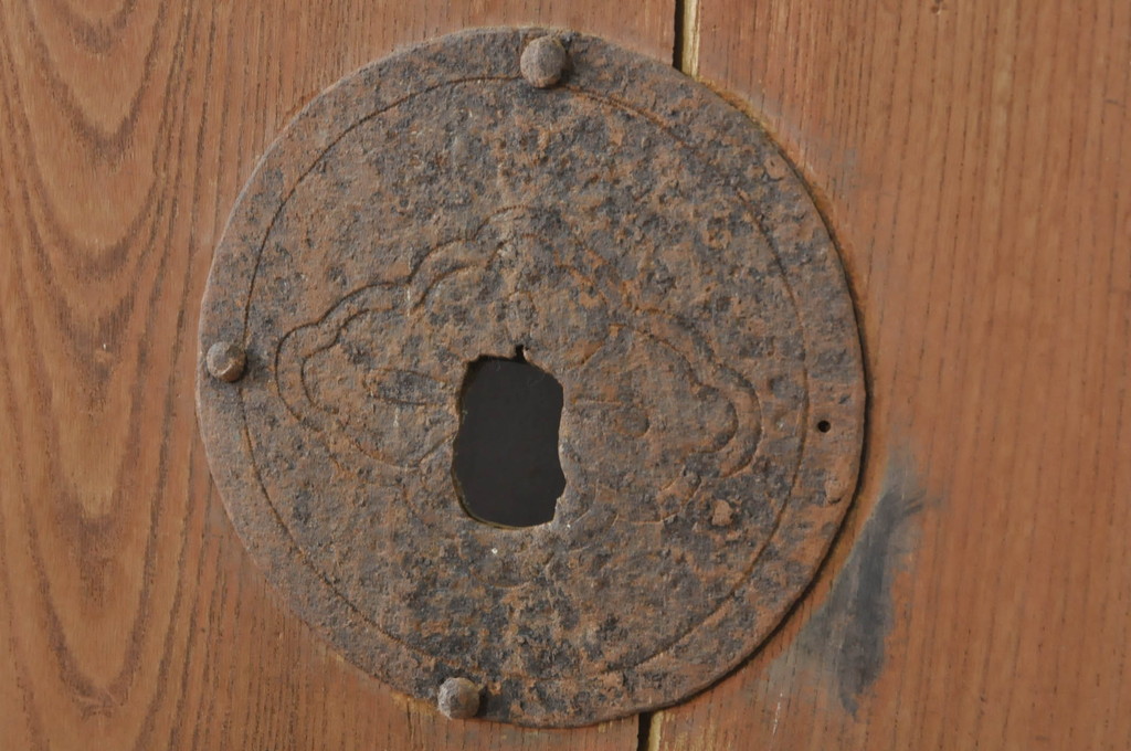 アンティーク建具　総欅(ケヤキ)材　時代の流れを感じさせる格子蔵戸1枚(引き戸、玄関戸、格子戸)(R-080229)