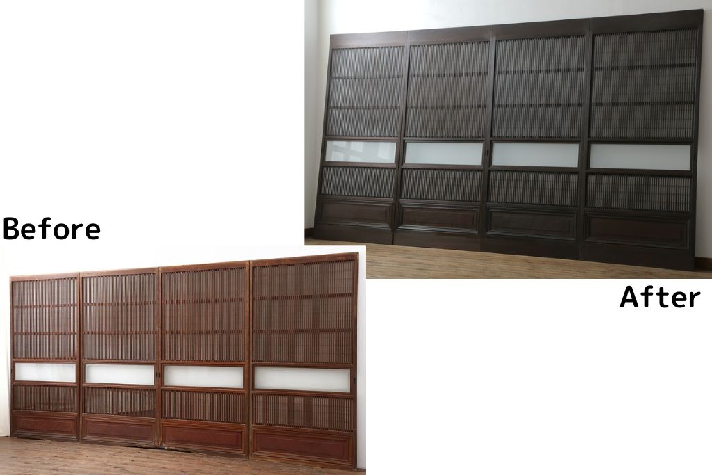 【セミオーダー家具実例】昭和中期の格子戸に高品質リペアを施しました。ご希望の高さにリサイズし、ガラス部分はスリガラスに交換、障子はプラスチック障子に張り替えました。当店商品を参考にチェスナット系に着色して仕上げました。(障子戸、ガラス帯戸、引き戸、建具)