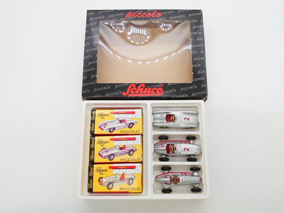 Schuco(シュコー)　Grand Prix Racer 1070　Studio 1050　Mercedes 1936　Piccolo(ピッコロ)　おもちゃ5点セット(ミニカー、Lufthansa、メルセデス、ゼンマイ、車、スポーツカー、外箱付き)(R-080762)