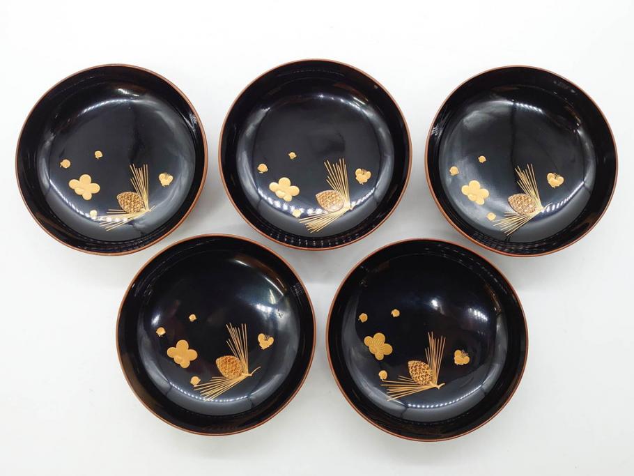 明治～大正期　輪島塗　蒔絵　木製　松竹梅　雅なお椀5客セット(金彩、松の実、花、吸物椀、木製、漆器、漆芸、金彩、和食器、蓋付き)(R-080765)