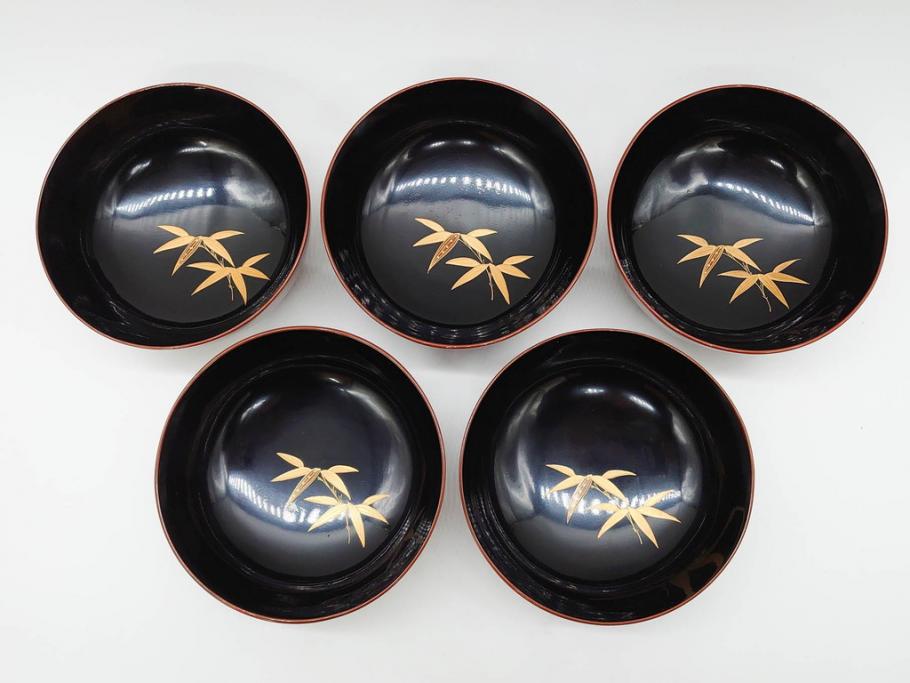 明治～大正期　輪島塗　蒔絵　木製　松竹梅　雅なお椀5客セット(金彩、松の実、花、吸物椀、木製、漆器、漆芸、金彩、和食器、蓋付き)(R-080765)