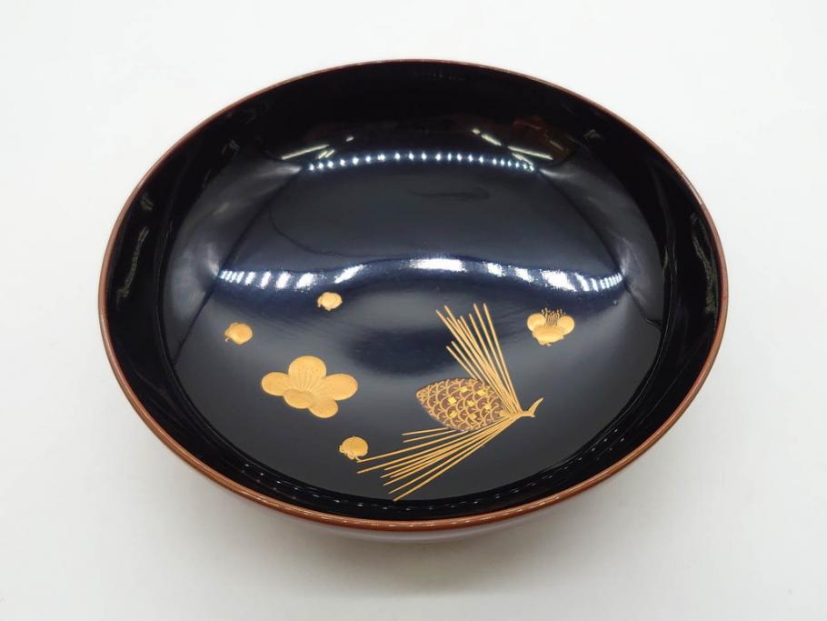 明治～大正期　輪島塗　蒔絵　木製　松竹梅　雅なお椀5客セット(金彩、松の実、花、吸物椀、木製、漆器、漆芸、金彩、和食器、蓋付き)(R-080765)