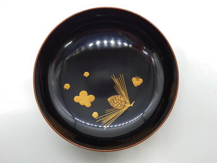 明治～大正期　輪島塗　蒔絵　木製　松竹梅　雅なお椀5客セット(金彩、松の実、花、吸物椀、木製、漆器、漆芸、金彩、和食器、蓋付き)(R-080765)