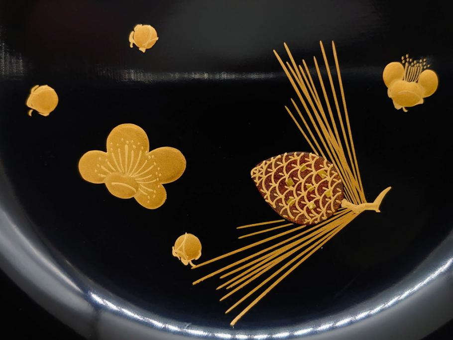 明治～大正期　輪島塗　蒔絵　木製　松竹梅　雅なお椀5客セット(金彩、松の実、花、吸物椀、木製、漆器、漆芸、金彩、和食器、蓋付き)(R-080765)