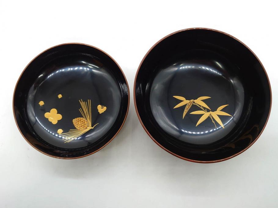 明治～大正期　輪島塗　蒔絵　木製　松竹梅　雅なお椀5客セット(金彩、松の実、花、吸物椀、木製、漆器、漆芸、金彩、和食器、蓋付き)(R-080765)