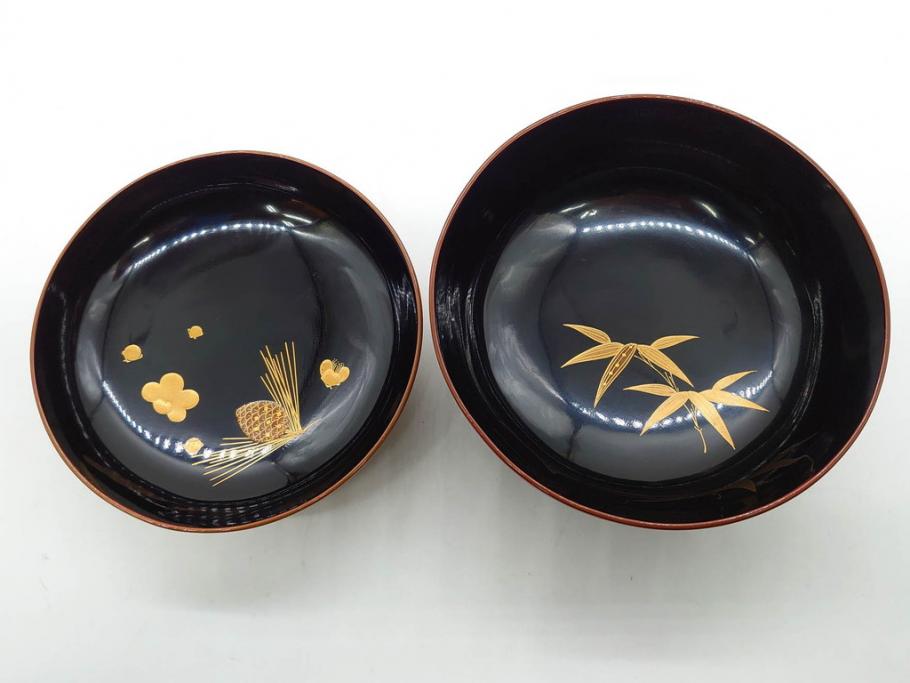 明治～大正期　輪島塗　蒔絵　木製　松竹梅　雅なお椀5客セット(金彩、松の実、花、吸物椀、木製、漆器、漆芸、金彩、和食器、蓋付き)(R-080765)