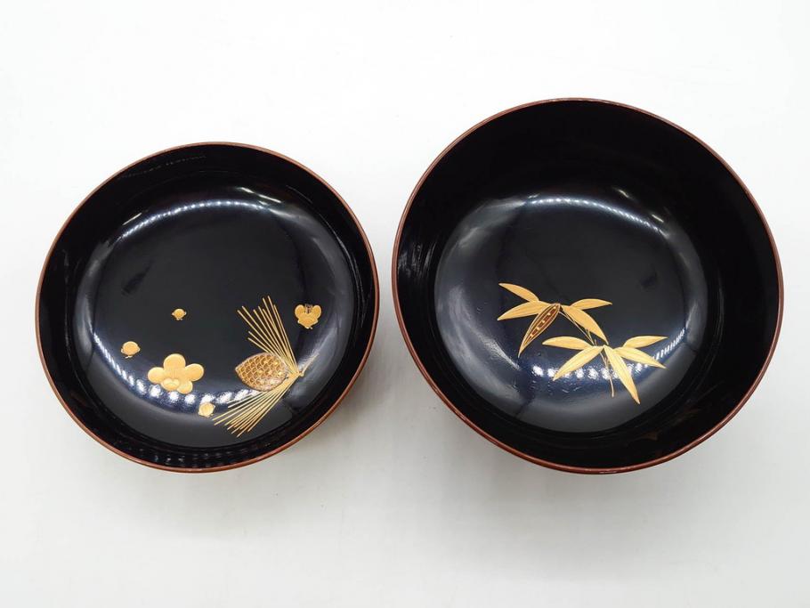 明治～大正期　輪島塗　蒔絵　木製　松竹梅　雅なお椀5客セット(金彩、松の実、花、吸物椀、木製、漆器、漆芸、金彩、和食器、蓋付き)(R-080765)