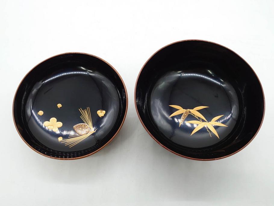 明治～大正期　輪島塗　蒔絵　木製　松竹梅　雅なお椀5客セット(金彩、松の実、花、吸物椀、木製、漆器、漆芸、金彩、和食器、蓋付き)(R-080765)
