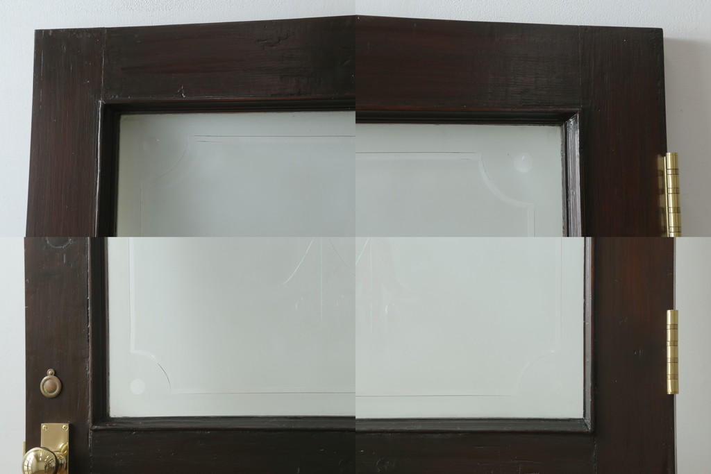 【セミオーダー家具実例】ペイントドアに高品質リペアを施しました。取り付け場所に合わせて仕様を変更し、戸枠を新たに製作しました。表面はブラウン色に着色し、裏面は白でペイント塗装し仕上げました。(エッチングガラス、彫刻ガラス、切子ガラス、英国、玄関ドア、玄関扉、建具)