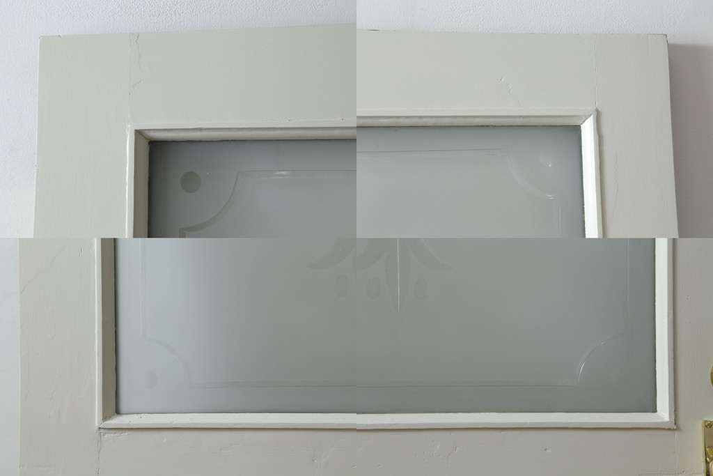 【セミオーダー家具実例】ペイントドアに高品質リペアを施しました。取り付け場所に合わせて仕様を変更し、戸枠を新たに製作しました。表面はブラウン色に着色し、裏面は白でペイント塗装し仕上げました。(エッチングガラス、彫刻ガラス、切子ガラス、英国、玄関ドア、玄関扉、建具)