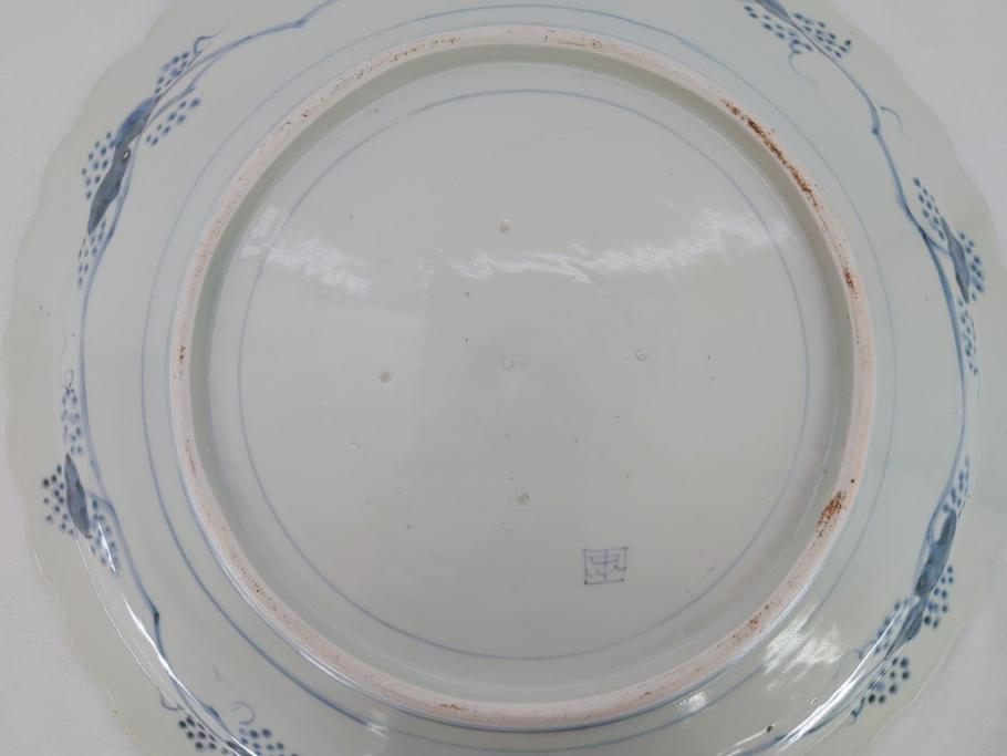 江戸期　古伊万里　染付　線描　松竹梅文　花唐草　1尺4寸皿　約44cm　大皿(一尺四寸、和食器、和皿)(R-062656)